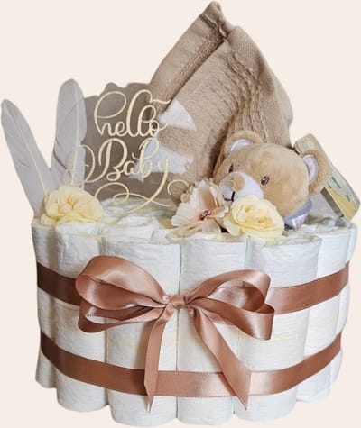 Luiertaart - bruin - hello baby - knuffel en doekje