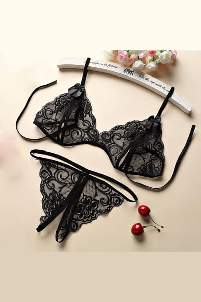 La Nuita Zwarte Kanten Bh Set Dames - Open Cup Bralette en String - Sexy Tweedelige Lingerie Set (S t/m XL)