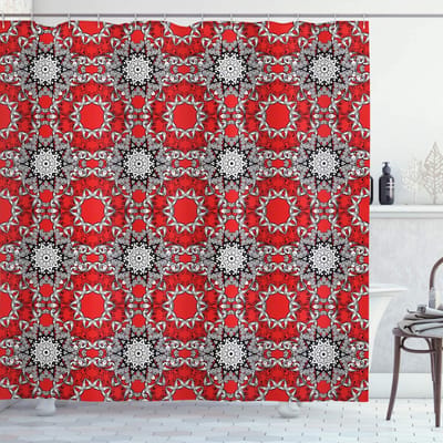 ABAKUHAUS Douchegordijn Rode Mandala – 175x220 cm – Oranje/Wit/Zwart