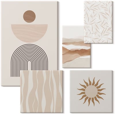 Wallfluent Set van canvas schilderijen - Stijlvolle abstracte vormen in tinten van de natuur Canvas Schilderijen Set - Set van 5 Canvas Schilderijen - Beige Set van Canvas Prints - Abstractie Canvas Kunst Set - Boheemse Canvas Kunst Set