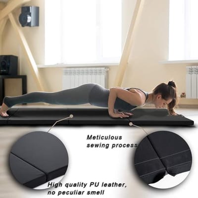 Gymnastiekmat 4x10x2 ft Opvouwbare Turnmat 2 Inch Dikke EPE Schuim Tumbling Mat – Professionele Fitness-, Yoga-, Pilates- en Martial Arts Trainingsmat – Lichtgewicht, Draagbaar met Tas, PU Leder Afwerking – Zwart
