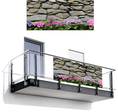 Balkonscherm 200x90 cm - Balkonposter Hortensiaâ€™s - Stenen - Muur - Bloemen - Balkon scherm decoratie - Balkonschermen - Balkondoek zonnescherm