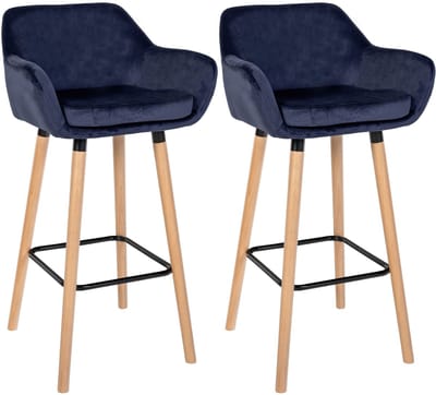 CLP Grant Set van 2 barkrukken - Met rugleuning - Moderne Barstoel - Beukenhouten Poten - Belastbaar tot 150 kg - Velvet - Fluweel - donkerblauw/natura