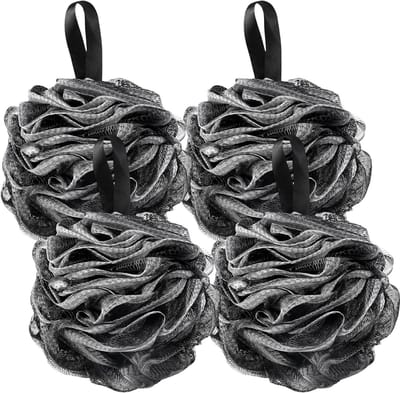 Douchespons set van 4 stuks, zwarte badsponzen van 13 cm, ideale wasspons voor lichaam en scrub, perfect voor thuis en op reis