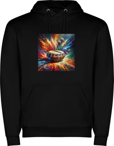 Zwarte unisex hoodie met “ Kleurrijke Trommel – Drum – Muziek – Energie – Muziekinstrument “ Print Full Color Color merk Roly maat S