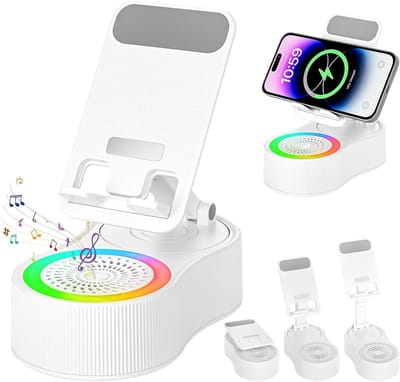 Daity Telefoonstandaard met Bluetooth-luidspreker - Draadloze Bluetooth-luidspreker - 360° draaibare telefoonstandaard - Multifunctionele verstelbare standaard - Geschikt voor bureaus thuis (Wit)