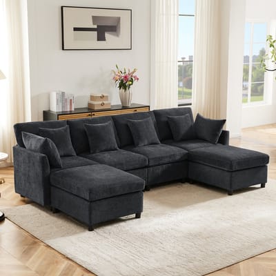 Hoekbank met Hockers – Chenille Bankstel 4-6 Personen, U- en L-vorm, Grijs, 278x161x81 cm, Inclusief 6 Kussens