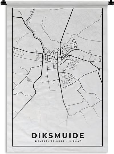 Wandkleed - Wanddoek - België – Diksmuide – Stadskaart – Kaart – Zwart Wit – Plattegrond - 120x180 cm - Wandtapijt