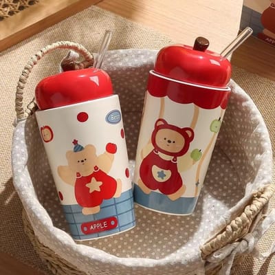 Apple Beer Mok Eenvoudige Beker Hoog Mooi Schattig Meisjes Verjaardagscadeau Grote Capaciteit Koffiekop met Rietje 401-500ml red