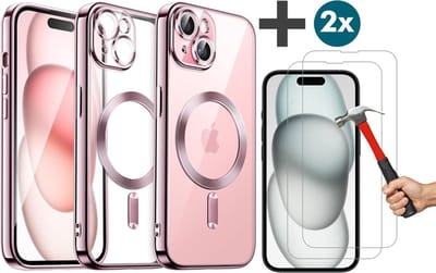 Hoesje met 2 Stuks Screenprotectors Geschikt voor iphone 15 Plus Hoesje - Geschikt voor MagSafe - Arara siliconen Backcover - Rosegoud