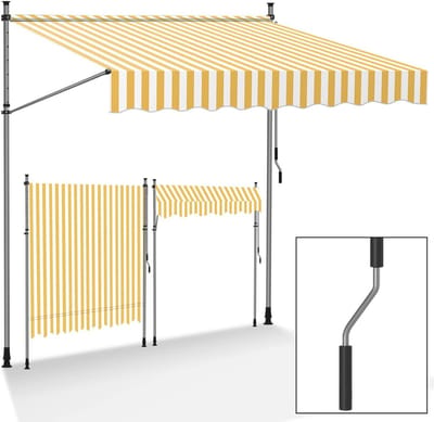 Klemluifel voor balkon, 200 cm breed, handslinger, klemkussen, zonder boren, luifel voor balkon, in hoogte verstelbaar, uv-bestendig en waterdicht, voor terras en balkon, geel-wit