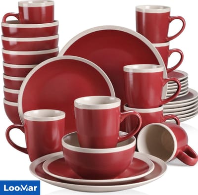 LooMar Luxe Serviesset – 32 delig – 8 persoons – Porselein - Bordenset – Dinner platen – Dessertborden - Kommen - Mokken - Set - Rood - Wit