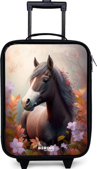 NoBoringSuitcases.com® - Kinderkoffer jongen - Kindertrolley meisje - Bruin paard in de herfst - Koffer kind lichtgewicht - Reiskoffer trolley voor kinderen - Koffertje met lichtgevende wieltjes - Rolkoffer zwart