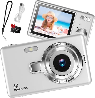 Camera - Digitale camera 1080p Full HD 44MP met 2,4 inch LCD-scherm - 16x digitale zoom - Compacte draagbare vlogcamera - Met 32 ​​GB SD-kaart - Voor kinderen - Tieners - Studenten en beginners (zilver)