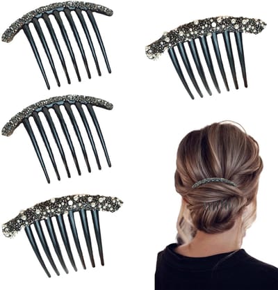Haarkammen, kunststof haarkam om in te steken, haarklem klein met kunstmatige diamanten en parels, Franse kam, insteekkam met 7 tanden, haaraccessoires, voor dames (zwart 1)