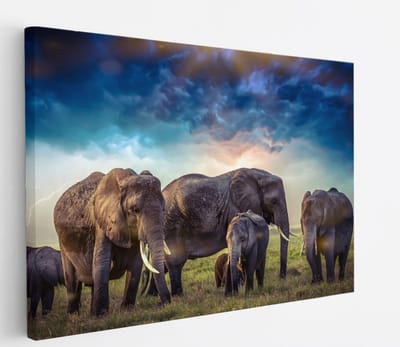 Saammp Canvas Schilderij - Olifanten familie met mooie lucht - Natuur - Dieren - 45x30 - Foto op canvas - Wanddecoratie - Muurdecoratie Woonkamer - Slaapkamer decoratie - Canvas Print