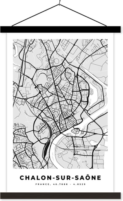 Posterhanger incl. Poster 40x60 cm - Schoolplaat - Plattegrond – Chalon-sur-Saône – Stadskaart – Kaart – Frankrijk - Textielposter - Zwarte latten - Stadskaart
