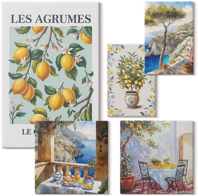 Wallfluent Set van canvas schilderijen - Citrusinspiraties in Provençaalse en mediterrane stijl Canvas Schilderijen Set - Set van 5 Canvas Schilderijen - Veelkleurig Set van Canvas Prints - Natuur Canvas Kunst Set - Boheemse Canvas Kunst Set