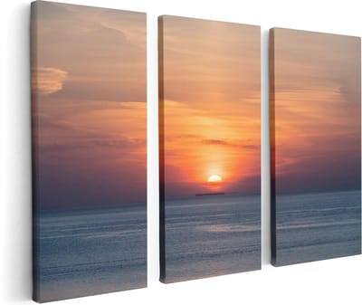 Artaza Canvas Schilderij Drieluik Zonsondergang In De Noordzee - 120x80 cm - Wanddecoratie Woonkamer - Schilderijen - Muurdecoratie