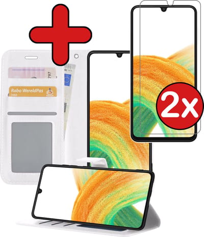 Hoesje - Met 2x Screenprotector - Geschikt voor Samsung Galaxy A33 - Luxe Pasjeshouder - Flip Case - Bookcase Portemonee - Kunstleer Book Case - Flipcase Hoes - Book Cover - Walletcase - Portemonneehoes - Telefoonhoes - Wit