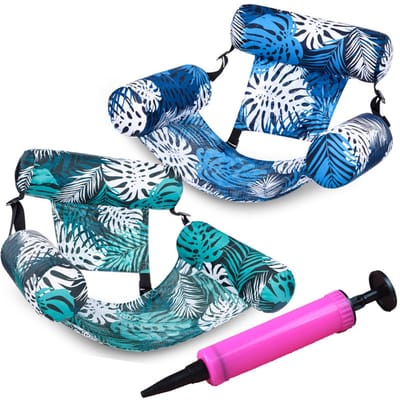 Waterhangmat - Opblaasbare drijfstoel - Drijvende stoel voor in het zwembad - Opblaasbaar zwembadbed - Bloemenpatroon - Set van twee - 76x35x60cm - Perfect voor de zomer, zwembadfeestjes, kinderverjaardagen, barbecues in de achtertuin - Blauw, Groen