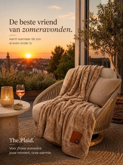 Nikki Amsterdam | The.Plaid Original | Taupe | Bruin | Beige | Draadloos | Duurzaam | Infrarood Warmtedeken | Stoelkleed | Bank Plaid | 150 x 130cm | Incl. Powerbank (20000mAh) | Gebruiksduur: tot 10 uur