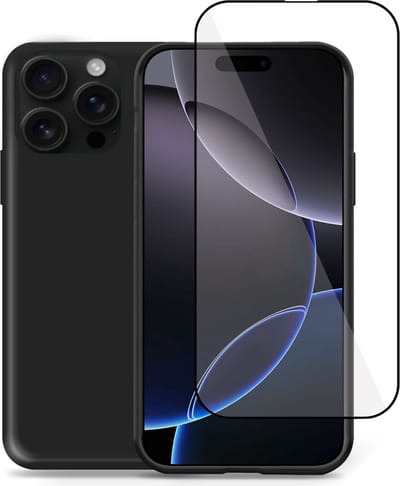 Hoesje + Screenprotector geschikt voor Apple iPhone 16 Pro – Full Screen Tempered Glass - Liquid Back Case Cover Zwart