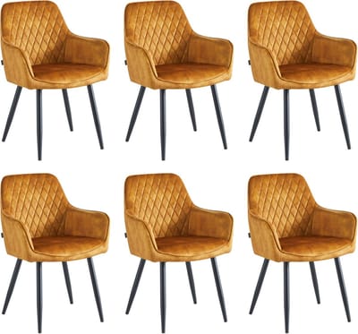 Colenis® - Beverly Eetkamerstoel - Set Van 6 - Honey - Vintage Velvet - Met armleuning - Goud Geel