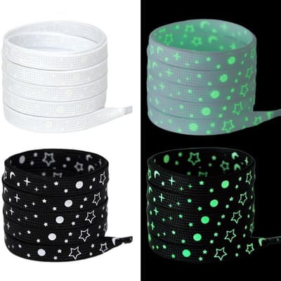 Schoenveters, licht op in het donker, platte veters, schoenveters met sterrenpatroon, voor vrijetijdsschoenen, linnen schoenen (zwart, wit, 120 cm)