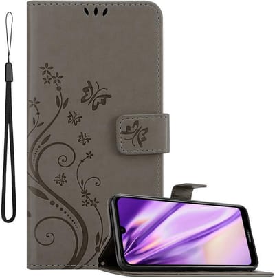 Cadorabo Hoesje geschikt voor Huawei Y6 2019 in BLOEMEN GRIJS - Beschermhoes in bloemmotief met magnetische sluiting, standfunctie en kaartsleuven Book Case Cover Etui