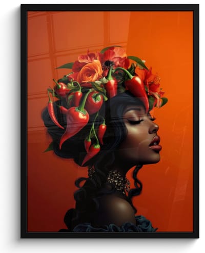 Poster in lijst - Fotolijst 50x70 cm - Posters - Vrouw - Chilipepers - Pepers - Bloemen - Posterlijst zwart - Decoratie - Wanddecoratie woonkamer - Muurdecoratie slaapkamer