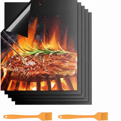 Famanu – Grillmatten - set van 5 grillmatten met antiaanbaklaag - 40 x 33 cm en 2 bakborstels - voor houtskool en gasgrill - ideaal voor het grillen van vlees - vis en groenten