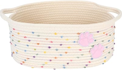 Team Katoenen touw-huisdierspeelgoedmand met handgrepen, 41,9 x 27,9 x 17,8 cm, 16,65 l, opbergmand & organizer voor kauwspeelgoed en voer, regenboog en roze poten