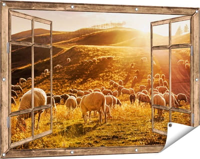 Gards Tuinposter Doorkijk Schapen in de Heuvels bij Zonsondergang - 120x80 cm - Tuindoek - Tuindecoratie - Wanddecoratie buiten - Tuinschilderij