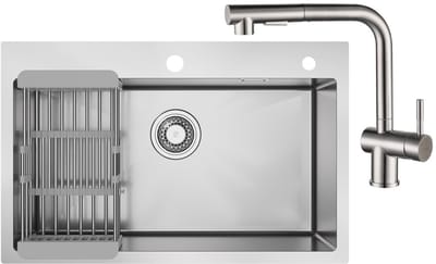 CECIPA max Spoelbak Zilver 70x45cm - Met keukenkraan met uittrekbare uitloop - Spoelbak Keuken RVS - Spoelbakken Keuken - Wasbak Keuken met Afvoersysteem- Geschikt voor 80 cm spoelbakkast