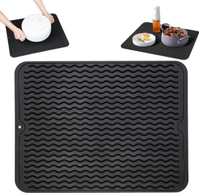 Daity Siliconen afdruipmat - 30x40cm hittebestendige aanrechtbeschermer met afdruiprek en statief - antislip design - vaatwasserbestendig - met ophanggat - zwart
