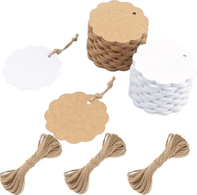 Ronde Kraft Papieren Hangtags van 6 cm, 200 Stuks, Witte en Bruine Labels, 300gsm Cadeau Labels met Touw voor Cadeauverpakking en Creatieve Projecten