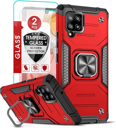 Hoesje Geschikt Voor Samsung Galaxy A42 Hoesje Heavy Duty Armor Hoesje Rood - Hoesje Geschikt Voor Samsung Galaxy A42 5G hoesje Kickstand Ring cover met Magnetisch Auto Mount- Hoesje Geschikt Voor Samsung Galaxy A42 5G screenprotector 2 pack