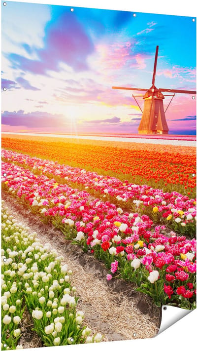 Gards Tuinposter Kleurrijke Bloemenveld met een Windmolen - 120x180 cm - Tuindoek - Tuindecoratie - Wanddecoratie buiten - Tuinschilderij