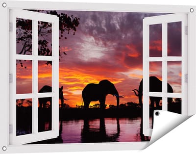Gards Tuinposter Doorkijk Olifanten tijdens Zonsondergang - Silhouet - 90x60 cm - Tuindoek - Tuindecoratie - Wanddecoratie buiten - Tuinschilderij