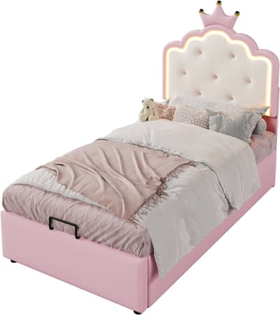 Wishdor – Prinsessen kinderbed met opbergruimte en LED – 90 x 200 cm – Hydraulisch – PU – Roze – Sfeerverlichting – Kroonontwerp – Voor meisjeskamer