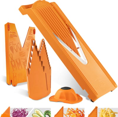 Börner Mandoline V3 Starter| 5-delige set | 5 snijdiktes | Geschikt als Frietsnijder | BPA-vrij en Roestvrij | Oranje