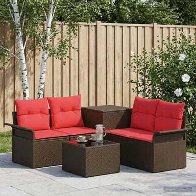 vidaXL - Bankstel - 6 - st - 4-zits - Bruin - en - Rood - Poly - Rattan - en - Staal