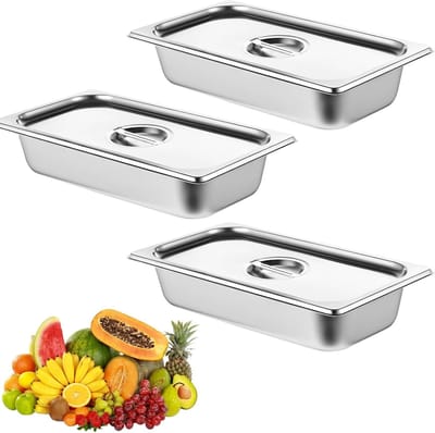Set van 3 Breading Schalen, GN 1/3 Container, RVS met Deksel voor Koken, Vriezer en Afwasmachine, Ideaal voor Kaas en Vlees, 32.5 x 17.5 x 6.5 cm