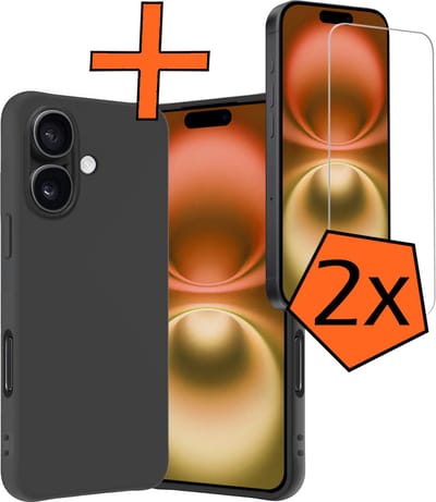 Hoes - Met 2x Screenprotector - Geschikt voor Apple iPhone 16 - Sterk & Shockproof - Back Cover - Siliconen Case - Telefoon Hoes - Zwart