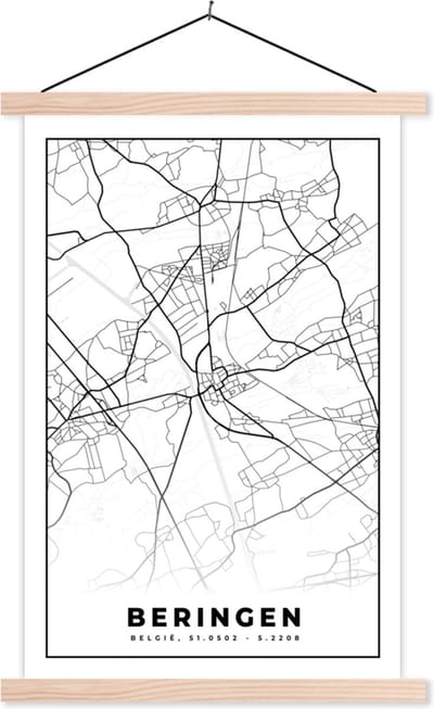 Posterhanger incl. Poster 40x60 cm - Schoolplaat - België – Beringen – Stadskaart – Kaart – Zwart Wit – Plattegrond - Textielposter - Blanke latten - Stadskaart
