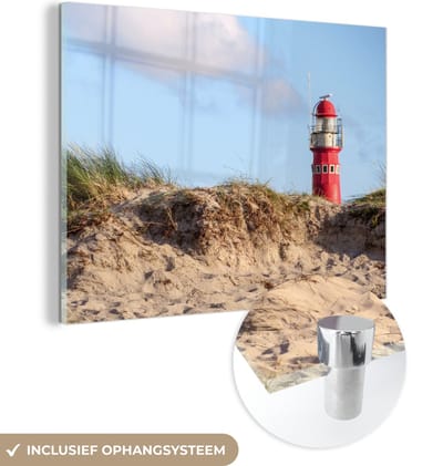 MuchoWow® Glasschilderij 160x120 cm - Schilderij acrylglas - Strand - Vuurtoren - Duin - Foto op glas - Muurdecoratie woonkamer - Wanddecoratie slaapkamer - Schilderijen