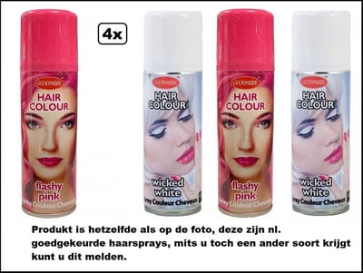 4x Haarverf/haarspray roze en wit 125 ml - Flashy pink en Wicked white - Word bezorgd in doos ivm beschadiging - Festival thema feest carnaval haar kleurspray party