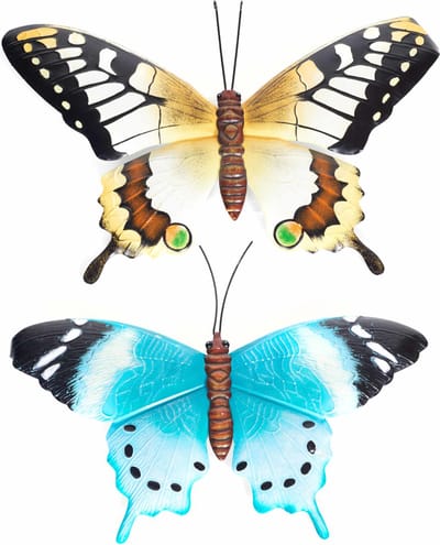 Vlinders - 2x - metaal 48 x 30 cm - blauw/geel