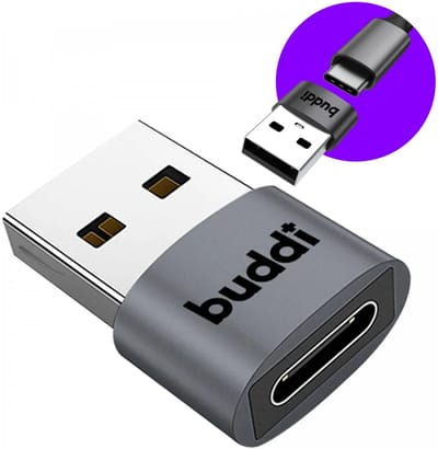 Buddi Ease | USB-C naar USB-A Adapter | OTG | Verloop | Converter | Koppelstuk | Tussenstuk | 480 Mbps gegevensoverdracht | 12W Opladen | Werkt ook met Apple CarPlay & Android Auto | Grijs